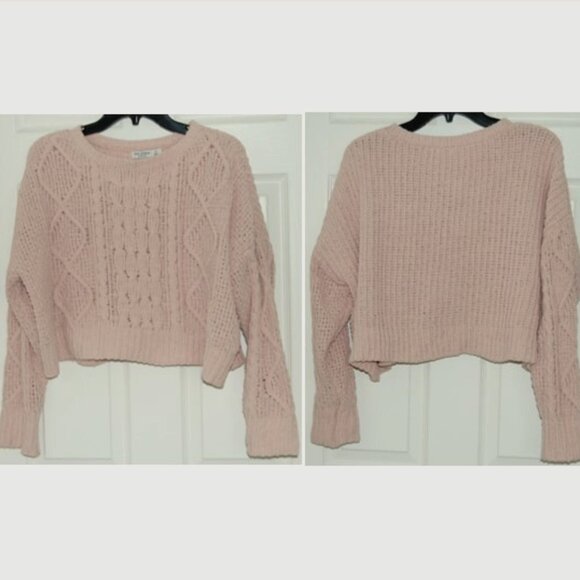 Arizona Jean Company Sweaters - Arizona Jean Co, Women Size M, Cable Knit Crew Neck Crop Top Sweater, Dusty Pink